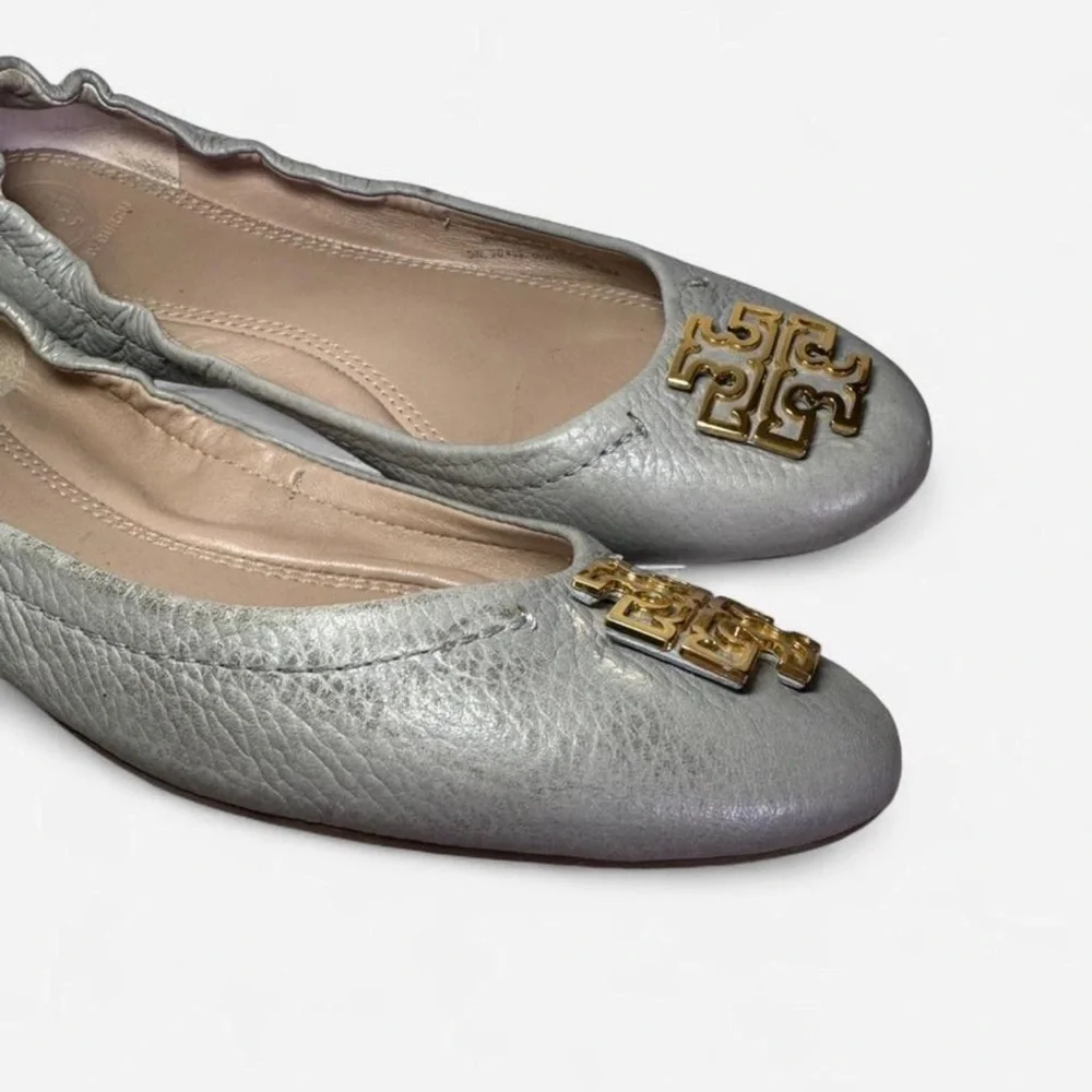 Tory Burch Silver Leather Logo Ballet Flats